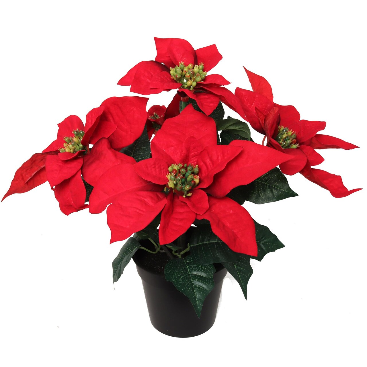 2-Pack 13" Red Velvet Poinsettia Bush in Black Pot with 5 Silk Flowers - Lifelike Holiday Decor for Tabletop & Mantel | Elegant Christmas Accent | Festive & Versatile Indoor Decoration - 2024 Christmas Collection, Floral Home by Artificial Flowers
